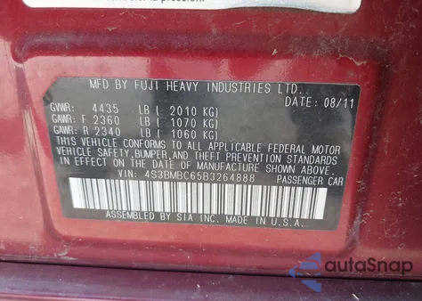 2011 Subaru Legacy 2.5I Premium из США, поврежденный, VIN 4S3BMBC65B3264888